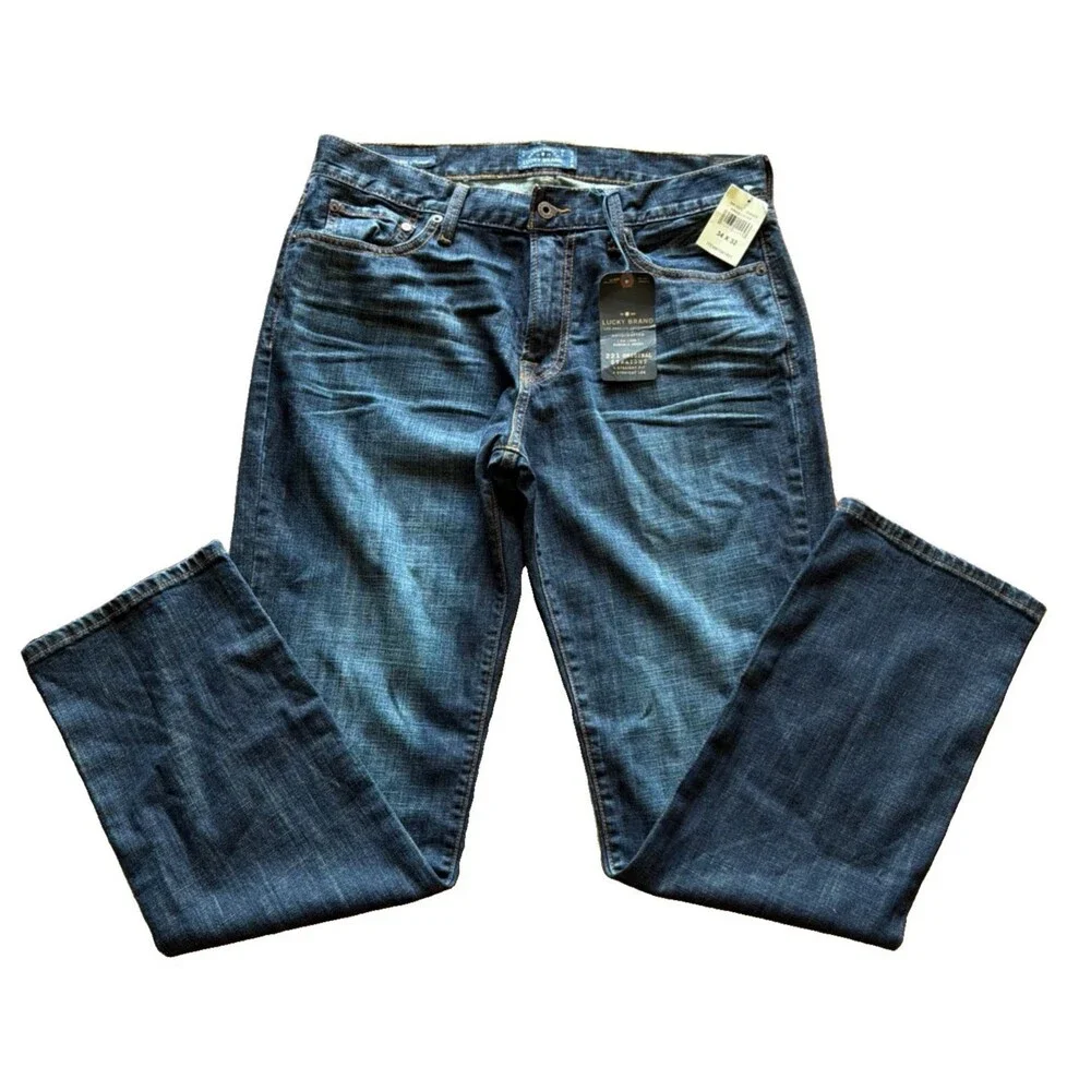 Lucky Brand 221 Original Straight Jeans Mens 34x32 Blue Dark Wash Denim Stretch